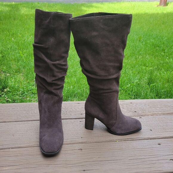 Splendid Chocolate Brown Suede Leather Square Toe Chunky Heel Slouchy Tall Boots - Picture 1 of 8
